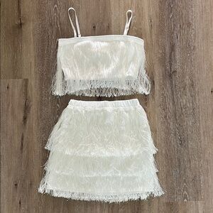 Elegant White Fringe Skirt Set
